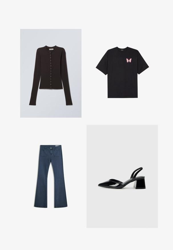 Fekete, hosszúujjú kardigán puha anyagból, kerek nyakkivágással és fémgombos elülső záródással.; Fekete pamut póló rövid ujjakkal, bal mellkason egy kis rózsaszín pillangó grafikával. Kerek nyakú kialakítás, laza fazonnal.; Sötétkék, bőszárú farmernadrág, varrott zsebekkel, gombos záródással és sima felülettel. Klasszikus ötpocket dizájnnal rendelkezik.; Fekete lakk bőr szandálkés magas sarkú cipő, hegyes orral és geometrikus tömbsarkakkal. Karcsú, minimalista dizájn és sima textúra jellemzi.