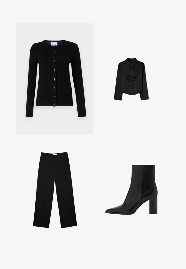 Sort cashmere cardigan med lange ærmer, rund halsudskæring, frontknaplukning og to forlommer. Glat tekstur, minimalistisk design.; Sort langærmet skjorte lavet af glat stof, med en spidse krave, frontlukning med knapper og en cropped kant med sidelæg.; Vide benbukser i sort stof, med en glat overflade, enkelt design og en diskret lynlås i siden til lukning.; Sorte læder ankelstøvler med spidse tæer, firkantet hæl, glat tekstur og syningsdetaljer langs sømmene. Hælene måler cirka 9 cm.