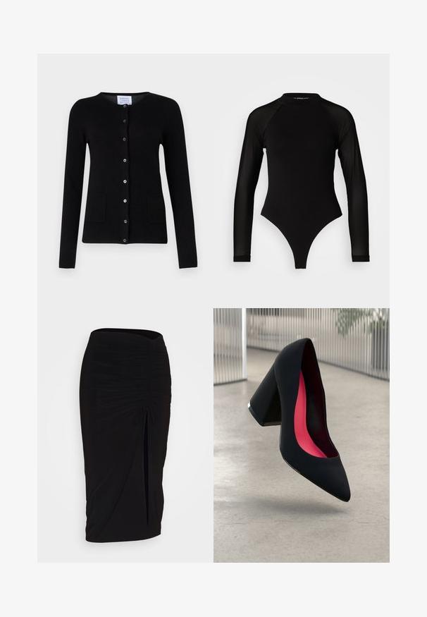 Mustavillainen kashmir-neulejakku pitkillä hihoilla, pyöreällä kaula-aukolla, edessä napituksella ja kahdella etutaskulla. Suhava tekstuuri, minimalistinen muotoilu.; Musta pitkähihainen bodysuit, jossa on korkea kaula-aukko, kiinteä kangas vartalolla ja läpinäkyvät verkohihat, muotoiltu tiukaksi.; Musta, rypytetty kynähame, jossa on solmuseikkaus ja sivurako. Valmistettu joustavasta kankaasta, joka tarjoaa sileän pinnan ja vartaloon kiinnittyvän muodon.; Musta korkokenkä, jossa on terävä kärki, teksturoitu pinta ja kirkkaan vaaleanpunainen sisus. Varustettu tukevalla kannalla, jossa on hopeinen yksityiskohta.