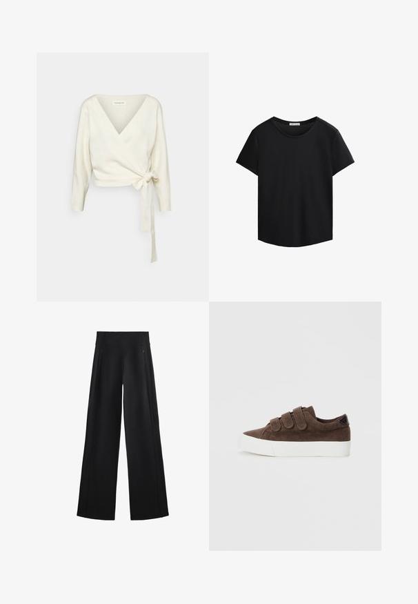 Biały sweter w stylu kopertowym, wykonany z miękkiego, teksturowanego materiału. Posiada głęboki dekolt w serek oraz długie rękawy z wiązaniem w talii.; Czarna koszulka z krótkim rękawem, okrągłym dekoltem i perforowanymi detalami z siateczki na ramionach. Gładki materiał, luźny krój, zaokrąglony brzeg.; Szerokie czarne spodnie wykonane z miękkiego materiału, z wysokim stanem i dwoma zapinanymi na zamek kieszeniami, z delikatnymi szwami po bokach.; Brązowe sneakersy z korduroju z trzema rzepami, białą gumową podeszwą i teksturowanym materiałem dla dodatkowego wykończenia.
