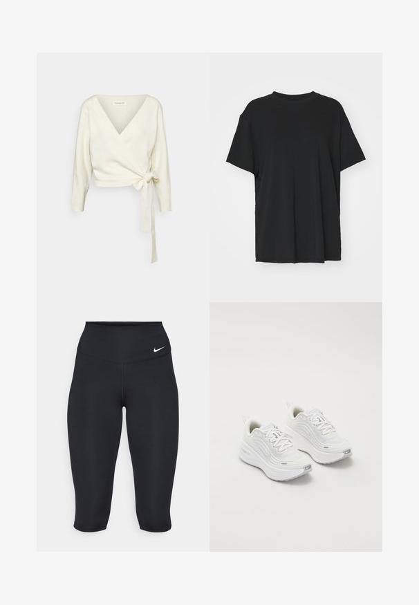 Pulover alb, de tip înfășurat, realizat dintr-un material moale și texturat. Are un decolteu adânc în V și mâneci lungi cu un detaliu legat la talie.; Tricou negru cu mânecă scurtă, fabricat dintr-un material neted, cu guler rotund și croială lejeră. Dispune de fante laterale pentru un plus de confort și respirație.; Colanții negri Nike sunt prevăzuți cu un talie înaltă, un material elastic și neted și un detaliu subtil cu logo-ul pe față.; Pantofi sport albi cu un superior din plasă texturată, talpă amortizată și accente subtile de gri. Include branding și un buclă la călcâi pentru a fi ușor de încălțat.