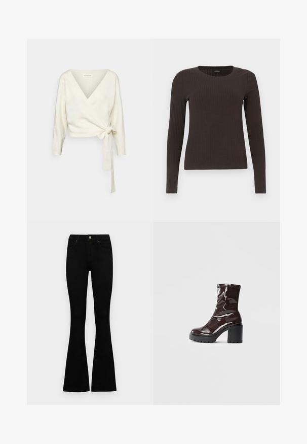White, wrap-style sweater made of soft, textured fabric. Features a deep V-neck and long sleeves with a tie detail at the waist.; Brown, long-sleeve ribbed top with a crew neckline. Made from a smooth, stretchy material, featuring a fitted silhouette and minimal detailing.; Black high-waist jeans with a button and zip closure, front pockets, and flared legs laid flat on a white background.; Glossy burgundy ankle boot with a chunky black heel, featuring a smooth texture and simple design. No visible fastenings or patterns.