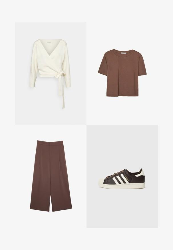 Biały sweter w stylu kopertowym, wykonany z miękkiego, teksturowanego materiału. Posiada głęboki dekolt w serek oraz długie rękawy z wiązaniem w talii.; Brązowa koszulka z krótkim rękawem, wykonana z miękkiego materiału, z okrągłym dekoltem i luźnym krojem. Brak widocznych wzorów lub akcentów.; Brązowe spodnie o szerokich nogawkach z gładką fakturą, z wysokim stanem i plisami z przodu. Materiał jest lekki i luźno opada.; Niskie trampki Adidas Superstar z ciemnobrązowej skóry z kremowym noskiem w kształcie skorupy, białymi paskami i napisem „Superstar” po boku.