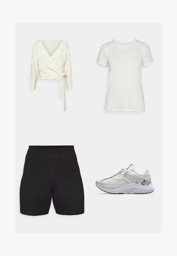 Sweater branco em estilo envolvente, feito de um tecido suave e texturado. Apresenta um decote em V profundo e mangas longas com um detalhe de laço na cintura.; T-shirt branco de manga curta feito de um tecido suave, com um decote redondo e um corte descontraído, apresentando acabamentos nos ombros lisos e sem costura.; Calções de ciclismo pretos com uma cintura alta, feitos de um tecido elástico e suave. Apresentam costuras planas e uma textura lisa para conforto.; Sapatilha atlética branca com parte superior texturada, biqueira arredondada e sola almofadada. Apresenta um detalhe estampado perto do calcanhar e atacadores planos.
