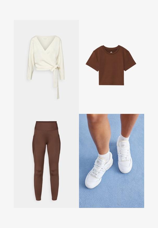 Witte, wikkelstijl trui van zacht, textuurstof. Heeft een diepe V-hals en lange mouwen met een strikdetail op de taille.; Bruine cropped t-shirt met ronde hals, korte mouwen en een gladde stoftextuur. Voorzien van minimale branding bij de halslijn.; Bruine rekbare legging met een hoge tailleband, voorzien van zijzakken en een gladde textuur. Een naaddetail accentueert de vorm.; Benen in witte New Balance sneakers en witte sokken staan op een lichtblauwe, gestructureerde vloer.