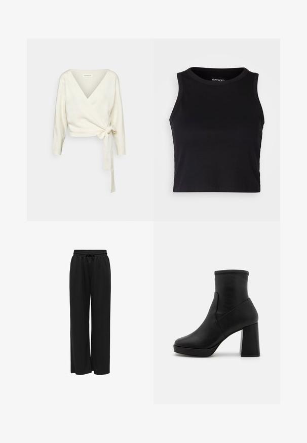 Fehér, bata-stílusú pulóver, puha, texturált anyagból készült. Mély V-nyakkivágással és hosszú ujjal rendelkezik, derékban pedig itt egy megkötő rész található.; Fekete bordás crop tank top kerek nyakkivágással és ujjtalan dizájnnal. Puha, rugalmas anyagból készült, tiszta, lekerekített szélű részletekkel.; Fekete, bő szárú nadrág puha anyagból, állítható derékpánttal és húzózsinórral. Nincsenek minták vagy díszítések.; Fekete bőr bokacsizma magas tömbsarkal, sima textúrával és jól illeszkedő felsőrészsel. Zökkenőmentes kialakítással rendelkezik, amelyen nincsenek látható zárszerkezetek.