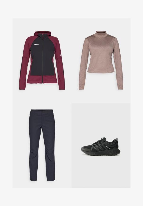 Hettejakke i burgunder og svart, med glidelås foran, kroppsnær design, kontrasterende paneler og logodetalj på brystet og ermet.; Columbia GRANITE POINT™ - Topper langermet - iron; Marineblå bukser laget av glatt stoff, med frontknappelukking, slim-fit design og pressede detaljer ved knærne.; Columbia PEAKFREAK - Fjellsko - black