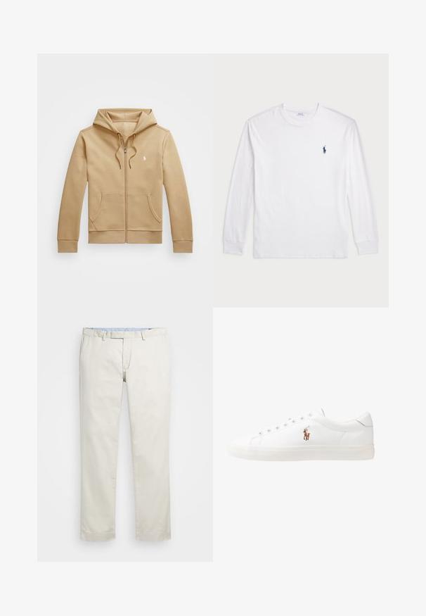 Smėlio spalvos užtrauktuku užsegamas džemperis su sluoksniuota kapišonu ir raišteliais, priekinėmis kišenėmis, elastingomis rankogaliais ir mažyte balta logotipu ant krūtinės. Lygus paviršius.; Balta ilgomis rankovėmis marškinėliai iš medvilnės. Gali būti apvalios formos kaklas, raukšlės ant rankovių, ir nedidelis tamsiai mėlynas polo logotipas kairėje krūtinės pusėje.; Šviesiai rudi medvilniniai chinos tipo kelnės su plokščiu priekiniu dizainu, diržo kilpomis ir šoninėmis kišenėmis. Tiesaus kirpimo dizainas su lygiu paviršiumi ir lengvu, kvėpuojančiu jausmu.; Baltos odinės sportbačiai, žemo profilio, su lygia tekstūra, apvalia nosimi, raištelių sistema priekyje ir mažyte siuvinėta logo šone.