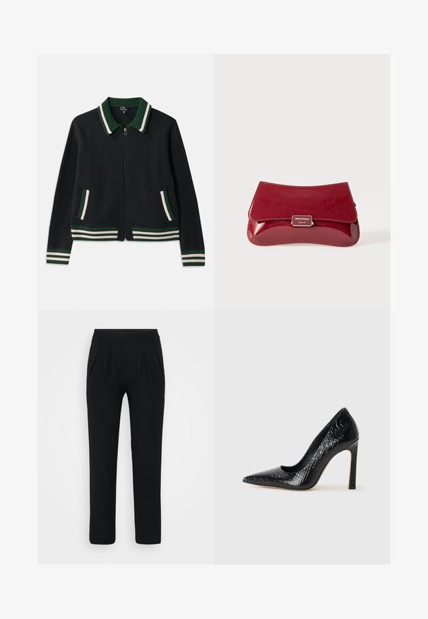 Tummanvihreä vetoketjullinen takki, jossa on ribattu kaulus, valkoiset ja vihreät raidat kauluksessa ja hihansuissa sekä kaksi sivutaskua.; Sininen satiininen lyhythihainen paita, jossa on neliön muotoinen pääntie ja takana vetoketju. Sujuva kangas ja hieman löysä istuvuus.; Mustat, leveälahkeiset housut, jotka on valmistettu sileästä kankaasta. Varustettu joustavalla vyötäröllä ja kahdella etuplellä. Ei näkyviä kuvioita tai varusteita.; Musta kapea nilkkakorkokenkä krokotiilin nahkakuviolla, joka on varustettu tyylikkäällä muotoilulla, korkealla stiletto-korkealla ja sileällä mustalla sisäosalla.; Punainen lakattu nahkalaukku, jossa on kaareva muotoilu, taitettava läppä ja metallinen logohopeisella kilvellä. Sileä, kiiltävä pinta.