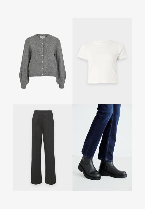 Szürke kötött kardigán kerek nyakkal, hosszú puffos ujjal, bordázott mandzsettával és szegéllyel, elöl gombos záródással, hét fehér gombbal.; Rövid, fehér, pamut póló, rövid ujjakkal, kerek kivágással és egyenes szegéllyel, sima textúrával és letisztult dizájnnal.; Fekete egyenes szabású nadrág, gumis derékkal, elöl pliszékkel, puha anyagból, látható minták vagy fém részletek nélkül.; Fekete bőr bokacsizma vastag talppal és oldalán elnyújtott elasztikus betétekkel, sötétkék farmerral párosítva. A talaj világos színű.