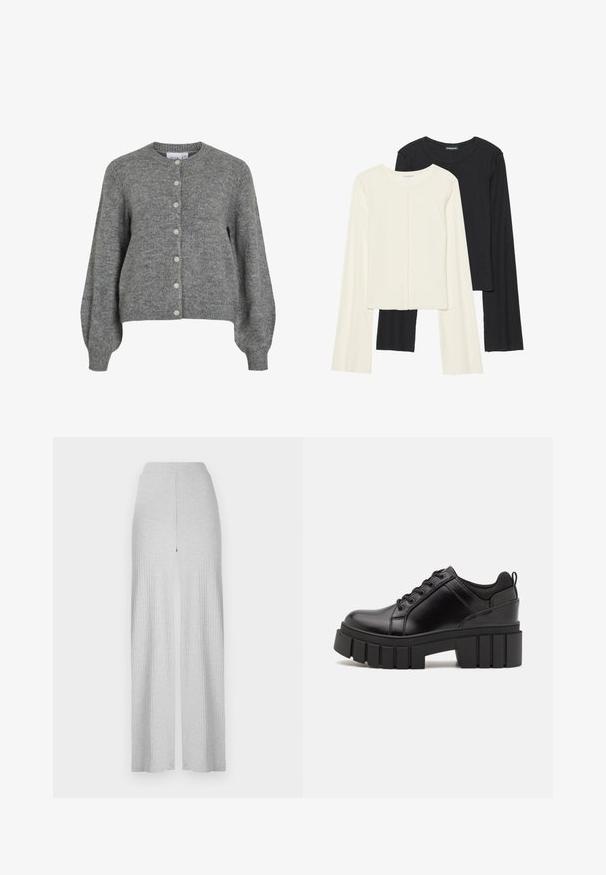 Cardigan gri tricotat cu guler rotund, mâneci lungi bufante, manșete și tiv cu dungi, închidere frontală cu șapte nasturi albi.; Set de două bluze cu mâneci lungi, una albă și una neagră. Textură ribbată, decolteu rotund, design ajustat cu mâneci ușor evazate.; Pantaloni largi drepți gri deschis, cu un talie înaltă și o deschidere frontală. Fabricat dintr-un material moale cu o textură fină.; Pantofi cu talpă plată din piele neagră, cu toc gros, vârf rotund și design tradițional cu șireturi. Prezintă o textură netedă și detalii minime.