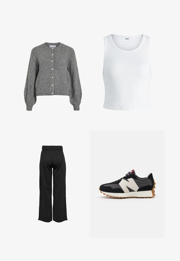 Grå stickad kofta med rund hals, långa puffärmar, ribbad ärmslut och nederkant, framknäppning med sju vita knappar.; Vit ribbade linne med rund halsringning, ärmlös design och kort längd. Märket säger "JJXX." Slät tygkvalitet.; Svarta, vida byxor med elastisk midja, tillverkade av en mjuk tyg. Har en ren design utan fickor eller synliga sömdetaljer.; Svart och grå mocka sneaker med en stor krämfärgad "N"-logotyp, lila snören och en texturerad gummisula.