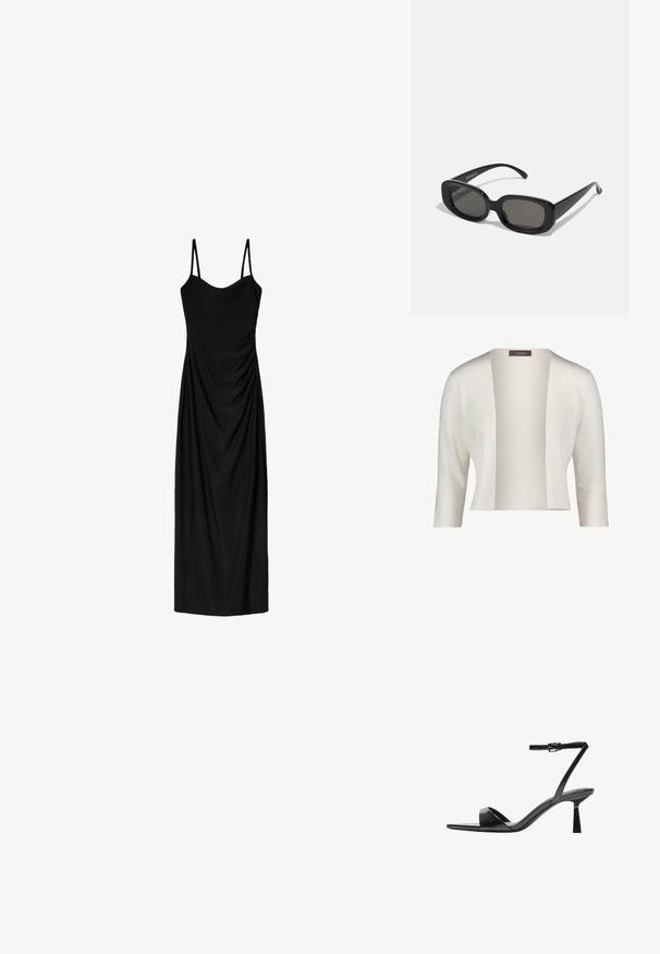 Cardigan bianco a coste con ampio scollo aperto, maniche a tre quarti e una texture morbida. Etichetta visibile all'collo.; Abito midi nero con sottili spalline regolabili, caratterizzato da un design drappeggiato e una texture liscia. Nessun motivo o decorazione visibile.; Bershka Sandali con tacco - black; Occhiali da sole neri rettangolari con lenti scure. Montatura in plastica spessa, texture liscia e bordi arrotondati. Le tempie eleganti si estendono verso l'esterno.; Borsa a spalla in vernice nera con forma curvata, una tracolla, tasche frontali e dettagli in metallo argentato.
