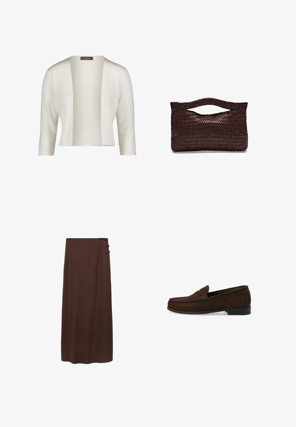 Hvid ribbet cardigan med bred åbning foran, trekvartærmer og en blød tekstur. Etiket synlig ved halsudskæringen.; Brun T-shirt med lange ærmer, lavet af blødt, strækbart materiale, med rund halsudskæring og en afslappet pasform, der har en glat tekstur og minimal detaljer.; Brun, gulvlængde nederdel lavet af blødt materiale. Har tre dekorative knapper på siden nær taljen. Enkel, udekoreret design.; Brune ruskinds loafers med en syet mokkasintå, flad sort gummisål og en dekorativ toprem og detalje.; Vævet brun læderhåndtaske med et afrundet topgreb og en åben silhuet, der har en struktureret overflade og et elegant, minimalistisk design.