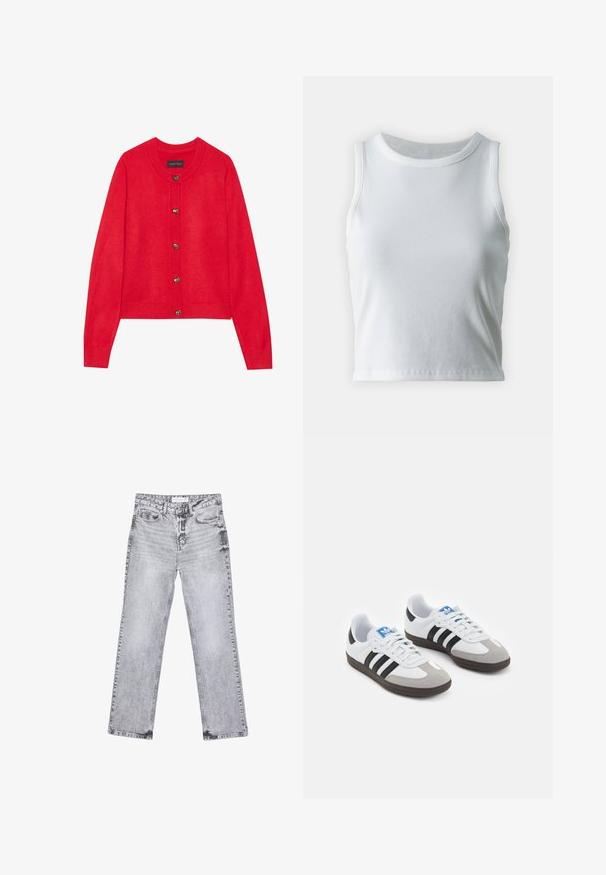 Červený kardigan s kulatým výstřihem, žebrovanými manžetami a dolním lemem. Obsahuje pět kovových knoflíků vpředu, vyrobený z měkkého pleteného materiálu.; Bílý žebrovaný tílko s kulatým výstřihem a bezramínkovým designem, s rovnými lemy a hladkou, elastickou strukturou.; Šedé džíny z denimu se střihy rovnými nohavicemi, s poškozenou úpravou, pěti kapsami a měděnými nýtky. Pasová část obsahuje logo štítek.; Sportovní boty s bílým koženým svrškem, šedou semišovou špičkou a třemi černými pruhy. Obsahují modré logo na jazyku a texturovanou gumovou podrážku.
