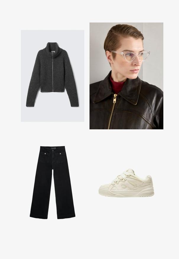 Tmavě šedý chunky pletený svetr na zip s vysokým límcem a dlouhými rukávy, položený na světlém pozadí.; Bílý dlouhý rukáv tričko vyrobené z jemného žebrovaného materiálu, s kulatým výstřihem a rovně střiženým spodním lemem. Jednoduchý, jednobarevný design.; Černé široké džíny s vysokým pasem, obsahující dvě přední kapsy a kovové knoflíkové detaily. Látka má hladkou texturu.; Beige tenisky s texturovaným svrškem, výraznými tkaničkami, síťovinovými panely a silnou podrážkou. Zakřivený design s měkkým límcem pro pohodlí.; Průhledné acetátové brýle ve tvaru kočičích očí se žlutě zbarvenými skly, které nosí osoba v tmavé kožené bundě a červeném roláku. Hladký povrch.; Černá kožená kabelka s zakřiveným siluetou, krátkým nastavitelným popruhem a řetízkovým akcentem. Obsahuje zipové uzavření a hladkou texturu.