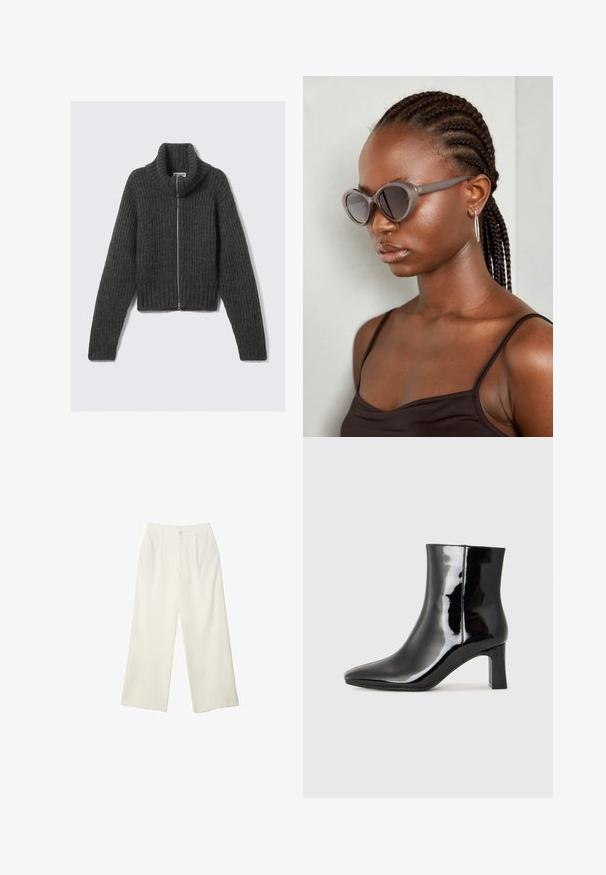 Dunkelgrauer, grob gestrickter Reißverschluss-Pullover mit hohem Kragen und langen Ärmeln, flach auf einem hellen Hintergrund liegend.; Weißes Langarm-T-Shirt aus geripptem Stoff mit Rundhalsausschnitt und geradem Saum. Schlichtes, einfarbiges Design.; Helle Stoffhose mit weitem Bein und glatter Textur, ausgestattet mit einem einzelnen Knopf vorne, dezenten Falten und einem Hochbund-Design.; Schwarzer Lackleder-Stiefelette mit spitzer Zehe und einem mittelhohen Blockabsatz. Glatte Textur und minimalistisches Design.; Graue, übergroße Sonnenbrille mit runder Form und dunklen Gläsern. Eleganter Kunststoffrahmen mit glatter Oberfläche. Das Modell hat geflochtenes Haar.; Schwarze Wildleder-Tote-Tasche mit glatter Textur, strukturiertem Design und kontrastierenden Nähten. Verfügt über lange Träger zum Tragen über der Schulter.