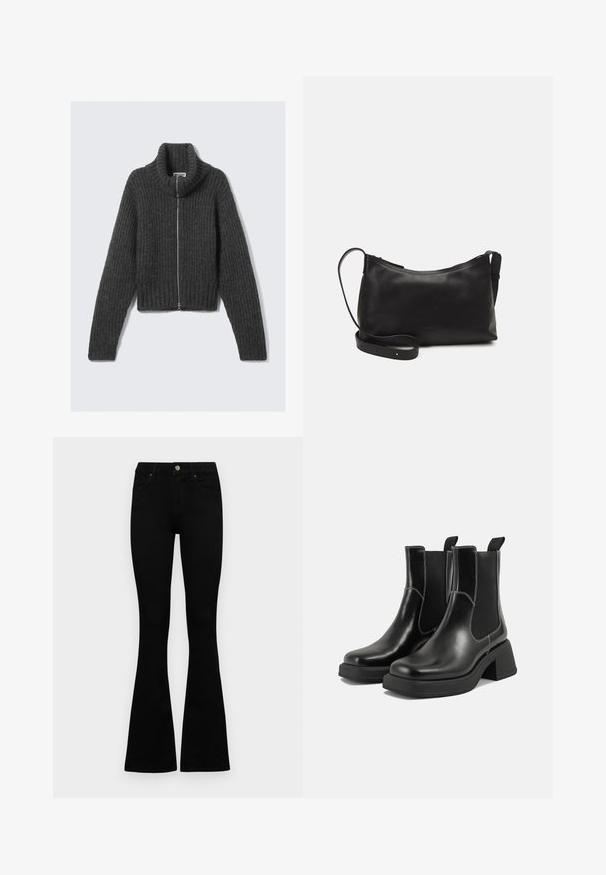 Dunkelgrauer, grob gestrickter Reißverschluss-Pullover mit hohem Kragen und langen Ärmeln, flach auf einem hellen Hintergrund liegend.; Set aus zwei enganliegenden Rollkragenoberteilen in Weiß und Schwarz. Kurzarm, glattes Baumwollmaterial und figurbetontes Design. Keine Muster oder Grafiken.; Schwarze hochtaillierte Jeans mit einem Knopf- und Reißverschluss, Fronttaschen und ausgestellten Beinen, flach auf einem weißen Hintergrund ausgelegt.; Schwarze Leder Chelsea-Stiefel mit einem klobigen Absatz, elastischen seitlichen Einsätzen und kontrastierendem weißen Nähten. Strukturierte Oberfläche.; Schwarze Ledertasche für die Schulter mit glatter Textur, geschwungener Form, verstellbarem Tragegurt und Reißverschluss. Minimalistisches Design ohne Verzierungen.