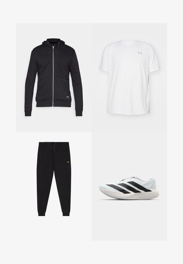 Svart hettejakke med glidelås, snøring i hetta, frontlommer og ribbestrikkede mansjetter og hem. Laget av et mykt og glatt stoff.; Hvit treningstopp med korte ermer laget av glatt stoff. Har rund hals og grått logo på venstre bryst, med sidesplitter i kanten.; Svarte joggebukser med elastisk midjebånd og snor, smale ben med mansjetter og liten gul brodert logo på høyre lår.; Lette løpesko i lys blå med svarte striper. Har en myk overdel, rund tå og tykk hvit mellomsole merket "LIGHTSTRIKE PRO."