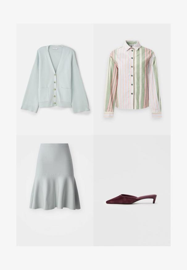 Lysegrønn cardigan med V-hals, lange ermer, frontlommer og seks runde knapper. Glatt tekstur og avslappet passform.; Randig skjorta med knapp i grön, vit och rosa. Har en krage, långa ärmar och en rundad nederkant med kontrasterande manschetter och knappar.; Lys blå, utsvakt skjørt laget av et teksturert stoff. Har et tettsittende midjebånd og en myk, bølgete nederkant. Enkel design uten mønstre.; Burgunderfargede mules laget av myk semsket skinn, med spiss tå, åpen bak og en slank, lav hæl for en elegant silhuett.