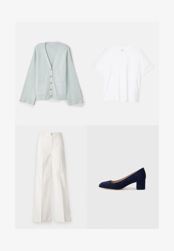 Cardigã verde-claro com decote em V, mangas longas, bolsos frontais e seis botões redondos. Textura suave e design de corte descontraído.; T-shirt de algodão branco com mangas curtas, decote redondo, corte descontraído e bainha cosida. Etiqueta visível no interior do pescoço.; Calças largas brancas feitas de algodão com uma textura suave. Apresenta um botão frontal, fecho de correr e um design de quatro bolsos.; Salgados de camurça azul-marinho com bico fino e um salto quadrado de altura média. Textura suave com um ligeiro brilho e um pequeno corte na parte da frente.