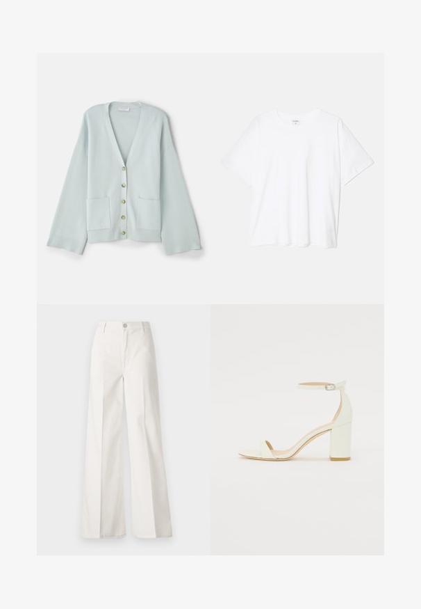 Šviesiai žalias cardiganas su V formos iškirpte, ilgomis rankovėmis, priekinėmis kišenėmis ir šešiais apvaliais mygtukais. Lygi tekstūra ir laisvai priglundantys dizainas.; Balta medvilnės marškinėliai trumpomis rankovėmis, apvalia iškirpte, laisvo kirpimo ir su siūtu kraštu. Etiketė matoma vidinėje iškirptės pusėje.; Balti platūs baltos spalvos keliai, pagaminti iš medvilnės su lygiu paviršiumi. Yra priekinis mygtukas, užtrauktukas ir keturi kišenės.; Baltos odos blokinio kulno sandalai, su kulkšnies dirželiu ir sagtimi, minimalistinio dizaino. Atvira pirštų dalis ir sklandžios tekstūros visoje.