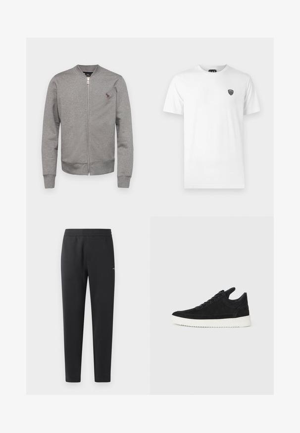 PS Paul Smith REGULAR FIT ZEBRA - Camisola com fecho - grey; T-shirt de algodão branca com mangas curtas, apresentando um pequeno logotipo preto na área do peito esquerdo. Design clássico de gola redonda.; Calças de treino pretas feitas de tecido suave, com um cós elástico, pernas retas e um pequeno detalhe de logotipo de um lado.; Sapatilha de camurça preta com sola de borracha branca, apresentando costuras tonais e um design com atacadores. Textura suave com uma forma moderna e simplificada.