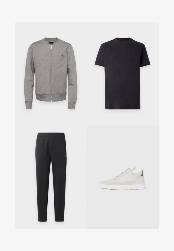 PS Paul Smith REGULAR FIT ZEBRA - Zip-up sweatshirt - grey; Black cotton t-shirt with a crew neck, short sleeves, and embossed logo detail on the chest. Smooth texture, relaxed fit.; Black jogger pants made of soft fabric, featuring an elastic waistband, straight legs, and a single small logo detail on the side.; White leather sneakers with gray suede accents, lace-up design, pull tab, and textured rubber sole featuring a zigzag pattern.