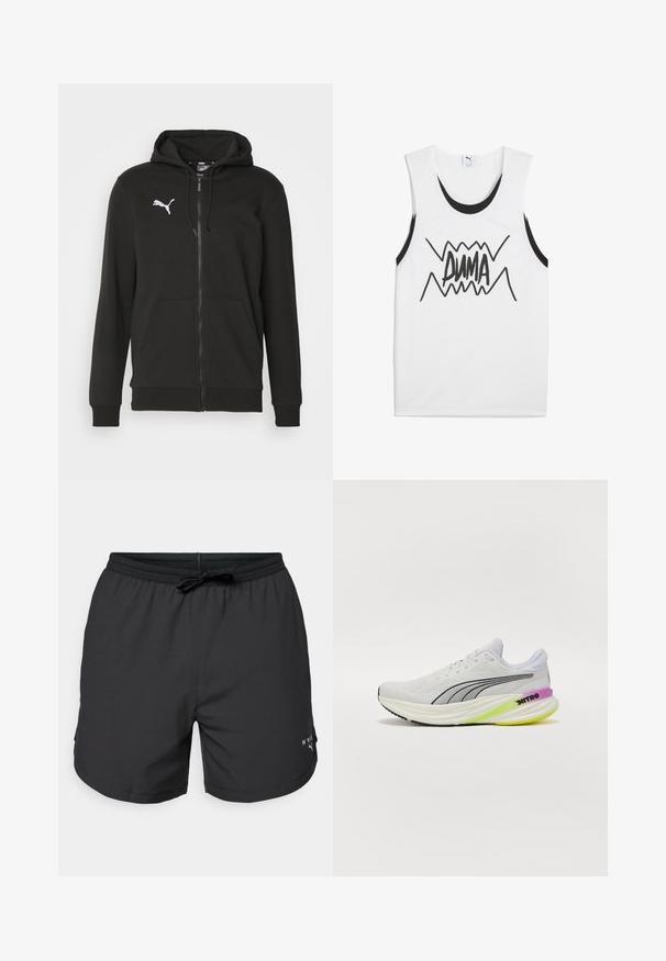 Černá mikina na zip vyrobená z měkké tkaniny. Obsahuje klokanní kapsu, žebrované manžety a bílé logo Puma na hrudi.; Bílý bezramínkový top s černými akcenty, který má na středu výraznou černou grafiku "PUMA" s cikcak vzorem.; Černé plavkové šortky s elastickým pasem a stahovací šňůrkou. Lehce látka s bočními kapsami. Obsahuje malé logo na lemu.; Bílé sportovní boty s prodyšným síťovaným svrškem, černými akcenty a vícbarevnou podrážkou s fialovými a zelenými detaily.