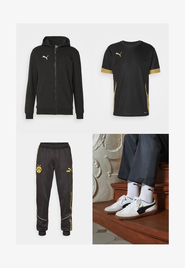 Fekete cipzáros kapucnis pulóver, puha anyagból készült. Jellemzője egy kenguru zseb, bordázott mandzsetták és egy fehér Puma logó a mellkason.; Fekete sportpóló arany díszítéssel az ujjakon és az oldalon. Kerek nyakkivágással, rövid ujjakkal és nedvességelvezető DRYCELL anyagból készült.; Fekete sportnadrág sárga Borussia Dortmund BVB 09 és Puma King logókkal, elasztikus derékkal és mintás sárga oldalsó csíkokkal.; Fehér és fekete velúr Puma sportcipők, barna gumitalppal. Fehér zoknival párosítva, amely fekete logót visel, sötét nadrággal kombinálva.