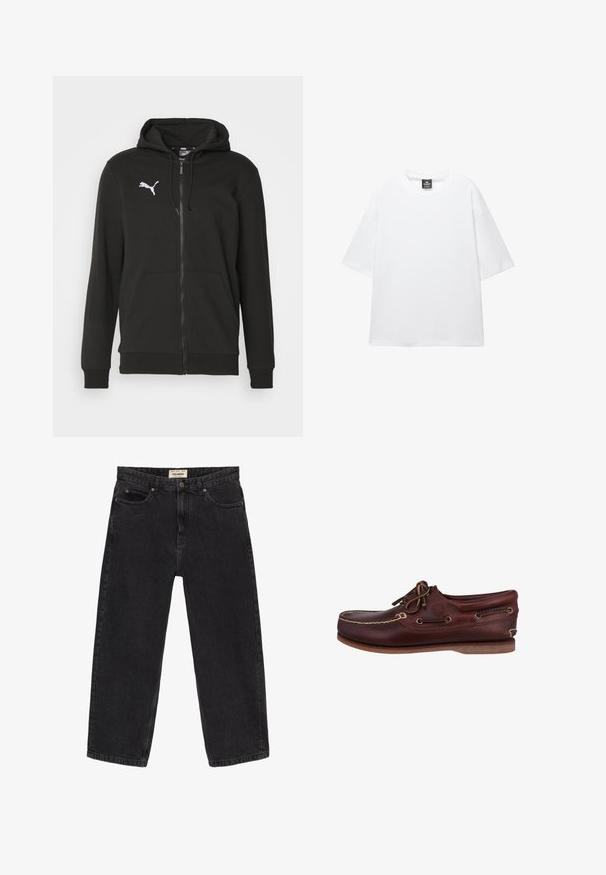 Sort zip-up hoodie lavet af blødt stof. Har en kengurulung lomme, ribbet manchetter og et hvidt Puma-logo på brystet.; Hvid oversized t-shirt med korte ærmer, rund halsudskæring og blødt bomuldsstof. Har et sort mærke ved halsen. Ingen mønstre eller accenter.; Sorte denim jeans med afslappet pasform. Har fem lommer, en frontknaplukning og syninger. Let falmet tekstur.; Brune læderskibsko med rund tå, kontrasterende syninger, snørebåndsdesign og gummisål for greb. Timberland-logoet er synligt.