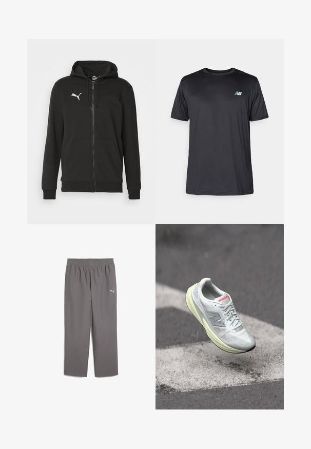 Melnā zīmola Puma kapuce ar rāvējslēdzēju, izgatavota no mīkstas auduma. Iekļauj krūšu kabatu, ribotas aproces un balto Puma logo uz krūškurvja.; New Balance Sporta krekli - black; Pelēkas sporta bikses ar elastīgu jostu, izgatavotas no viegla auduma. Kreisajā kājā ir neliels balts logo.; Viegls skriešanas apavs ar baltu tīkla augšdaļu, dzeltenu starpsienu un pelēkiem akcentiem. Iezīmējas ar izteiktu 'N' logotipu un teksturētu virsmu.