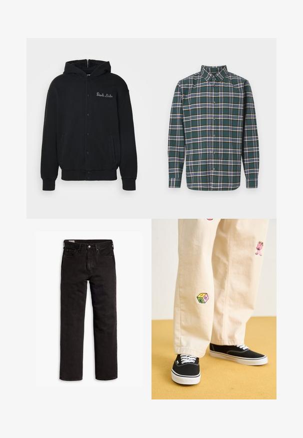 Svart hettegenser laget av mykt stoff, med en frontlukking med trykknapper og sidelommer. Brodert "Dark Side" tekst på brystet.; Grønn flanellskjorte med rutete mønster som har blå, hvite og sennepsgule linjer. Knapper foran og spiss krage. Lange ermer.; Svarte rette dongeribukser med fem lommer, knappefeste og beltehemper, lagt flatt på en hvit bakgrunn.; Beige bomullsbukser med lekne broderte design, inkludert en rosa karakter og fargede blokker, kombinert med svarte snørebåndssko.