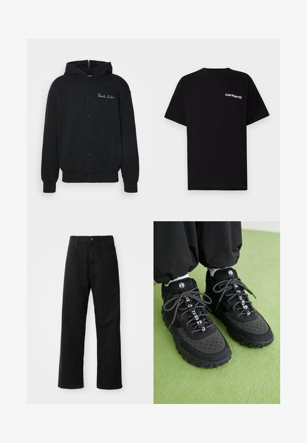Černá mikina s kapucí vyrobená z měkké látky, s předním zapínáním na patentky a postranními kapsami. Na hrudi je vyšitý text "Dark Side".; Černé bavlněné tričko s krátkými rukávy, kulatým výstřihem a bílým logem "Carhartt" na levé straně hrudi. Hladká texturu, jednoduchý design.; Černé džínové kalhoty s rovný střih, s předními kapsami, zipovým zapínáním a jedním horním knoflíkem. Texturovaná látka s matným povrchem.; Černé tenisky se vyznačují kombinací koženého a síťovaného materiálu, strukturovanou gumovou podrážkou, výraznými perforacemi a vzorovanými tkaničkami s číselnými akcenty.