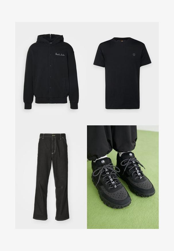 Černá mikina s kapucí vyrobená z měkké látky, s předním zapínáním na patentky a postranními kapsami. Na hrudi je vyšitý text "Dark Side".; Černé bavlněné tričko s kulatým výstřihem, krátkými rukávy a malým vyšitým logem na hrudi. Hladká textura, klasický střih.; Černé denimové džíny s volným střihem, s kontrastním bílým prošíváním, zapínáním na knoflík a rovnými nohavicemi.; Černé tenisky se vyznačují kombinací koženého a síťovaného materiálu, strukturovanou gumovou podrážkou, výraznými perforacemi a vzorovanými tkaničkami s číselnými akcenty.