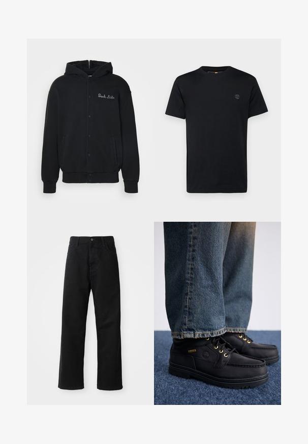 Felpa nera realizzata in tessuto morbido, con chiusura a bottoni a pressione sul davanti e tasche laterali. Testo ricamato "Dark Side" sul petto.; T-shirt in cotone nero con collo a giro, maniche corte e un piccolo logo ricamato sul petto. Texture liscia, vestibilità classica.; Pantaloni in denim nero con taglio dritto, caratterizzati da tasche frontali, chiusura con zip e un singolo bottone superiore. Tessuto testurizzato con finitura opaca.; Scarpe di pelle nera con occhielli dorati e finitura testurizzata, abbinate a jeans denim blu. Le scarpe presentano una suola a strati e un dettaglio di branding.