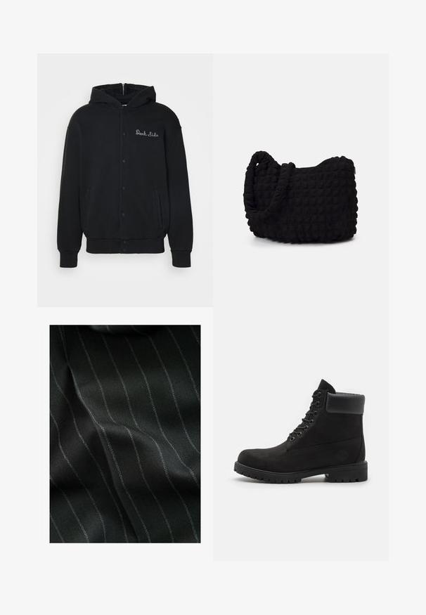 Musta kapuutsiga soe kangas, millel on ees nupuga sulgemine ja küljetaskud. Rinnal on välja tikitud "Dark Side" tekst.; Viie musta ümarakaelusega T-särgi pakk. Lühikesed varrukad, puuvillane materjal, tavaline lõige. Sile tekstuur, ilma nähtavate mustrite või kaunistusteta.; Mustmustriidi must kangas, millel on kalasabatähe muster ja peened valged triibud. Tekstuur näeb välja sile, millel on kudumise tõttu õrn sügavus.; Mustade lacesega pahkluu saapad pehme kraega ja robustse tallaga, kujutatud profiilis valge taustaga.; Must mustkott, millel on tekstuuriga tikitud muster. Ümar kuju, lühikesed ja jämedad sangad ning pehme, paindlik struktuur.