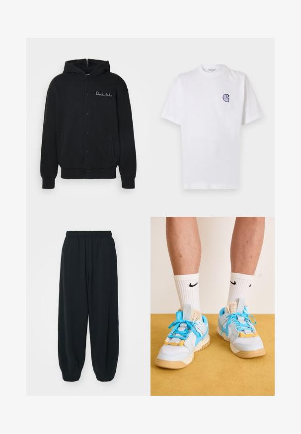 Čierna mikina s kapucňou vyrobená z mäkkého materiálu, s predným zapínaním na cvoky a bočnými vreckami. Na hrudi je vyšívaný nápis "Dark Side".; Biele bavlnené tričko s krátkymi rukávmi, okrúhlym výstrihom a malým vyšivaným modrým logom "C" na ľavej strane hrudníka.; Čierne tepláky s elastickým pásom, vo voľnom strihu, s manžetami na členkoch, hladkej textúry a bez viditeľných vzorov alebo kovových doplnkov.; Svetlo modré tenisky s béžovými podrážkami, s výraznými tyrkysovými šnúrkami a žltými akcentmi. Textúrované materiály a viditeľné vzduchové vankúše.