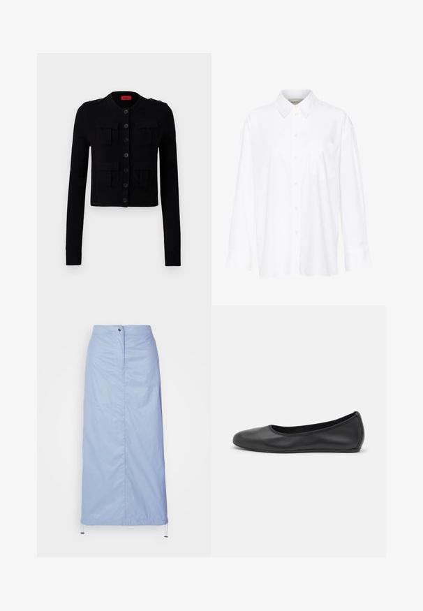 Czarny dziergany kardigan z długimi rękawami, okrągłym dekoltem, zapinany na guziki, z podwójnymi kieszeniami na piersiach i ściągaczem u dołu.; Biała, długosleeve'owa koszula z kołnierzykiem, wykonana z bawełny. Posiada zapięcie na guziki z przodu oraz jedną kieszeń na piersi. Gładka tekstura, luźny krój.; Jasnoniebieska, średniej długości spódnica wykonana z gładkiego, lekkiego materiału, o prostym kroju, z zapięciem na guzik z przodu i ściągaczem na dole.; Czarne skórzane baletki z zaokrąglonym noskiem, gładką fakturą, minimalnymi przeszyciami i elastycznym designem podeszwy.