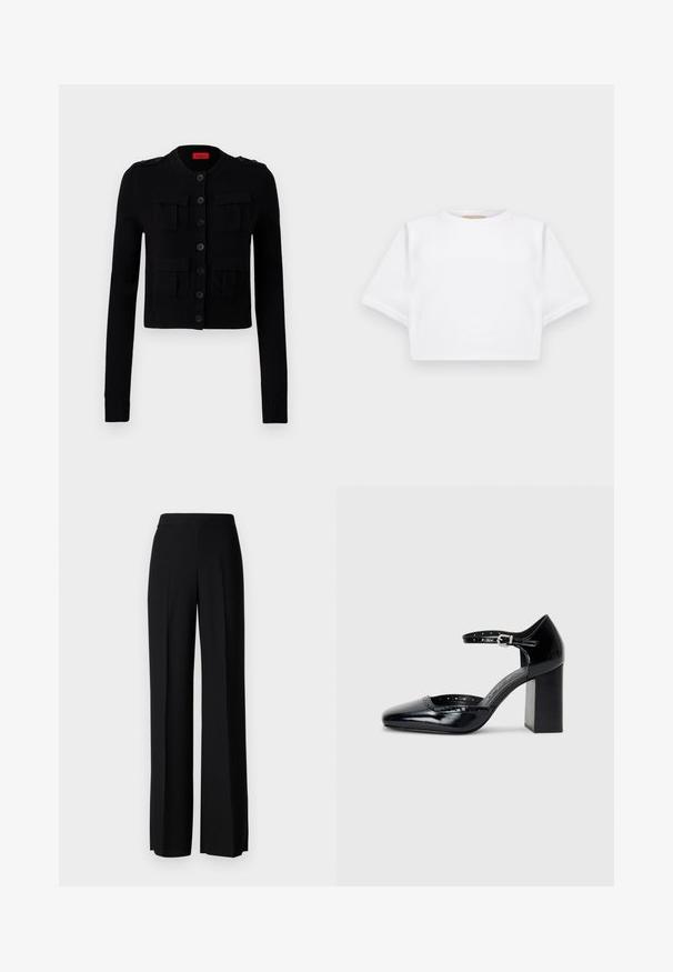 Mustmust musterdin, millel on pikad varrukad, ümmargune kaelus, nupuvääragnus ja kaks rinnataskut koos ribatud äärega.; Lühikeste varrukatega, pehmest kangast lõigatud valge T-särk, millel on ümar kaelus ja soonikuga ääred. Lihtne ja ilma kaunistusteta disain.; Mustad laiad püksid mustas värvitoonis, sujuva tekstuuri ja kõrge vöökoha ning keskmiste voldikutega. Ilma nähtavate mustrite või tarvikute detailideta.; Mustad lakknahk kingad kõrge kontsaga, ruudukujulise varbaga, pahkluu rihmaga ja paksu kontsaga. Sisaldab perforatsioonidega detaile ääres.