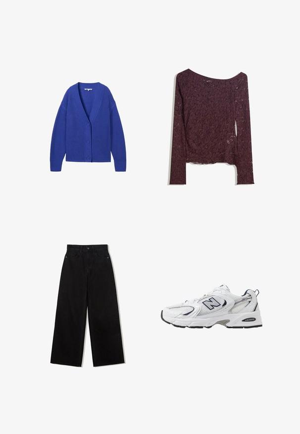 TOM TAILOR DENIM V NECK CARDIGAN - Kardigán - anemone blue; Csipkés, hosszú ujjú blúz sötét bordó színben, váll nélküli kivágással, virágmintával és enyhén áttetsző textúrával, egyenes szegéllyel.; Fekete, bő szárú farmernadrág magas derekú fazonnal, öt zsebes kialakítással és egy gombos záródással elöl.; Fehér sportcipő hálós felsőrészével, sötétkék kiegészítőkkel és párnázott talppal. Jellemzője az "N" logó, a fűzők és a textúrázott részlet az oldalon.