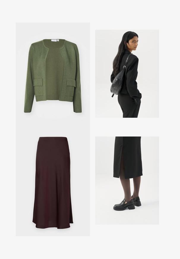 Olivza zaļa kardigāna izgatavots no mīkstas auduma, ar atvērtu priekšpusi, abām priekšējām kabatām un noapaļotu kakla izgriezumu, ar teksturētu apdari.; Divi bez piedurknēm riboti turtleneck topi melnā un baltā krāsā, ar pieguļošu dizainu un gludu faktūru, ar īsu garumu.; Burgundijas samta midi svārki ar gludu tekstūru, taisnu piegriezumu un nedaudz izplešamu apakšmalu. Nav redzamu rakstu vai detaļu.; Melni ādas apavi ar noapaļotu purngalu, biezām bloku papēžiem un elastīgiem sānu akcentiem, apvienoti ar tumšām zeķubiksēm un melnu svārku ar šķirbu.; Sieviete ar garām tumšām matiem, ģērbusies melnā uzvalkā, nēsā melnu ādas plecu somu un skatās pāri plecam uz balta fona.