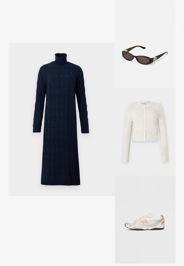 Cardigan blanc en tricot avec un col rond, des manches longues, une fermeture à boutons et une texture à motif floral. Ourlet court avec des bords côtelés.; Robe turtleneck en tricot torsadé bleu marine à manches longues, avec des poignets et un ourlet côtelés, arborant un petit logo sur la poitrine.; Sneaker de sport en gris clair avec accents argentés, tige en mesh, détails beiges et semelle extérieure en caoutchouc noir. Comprend des lacets et un col rembourré.; Lunettes de soleil en écaille, avec des verres ovales allongés, teinte marron, accents de logo doré sur les branches et montures noires élégantes.