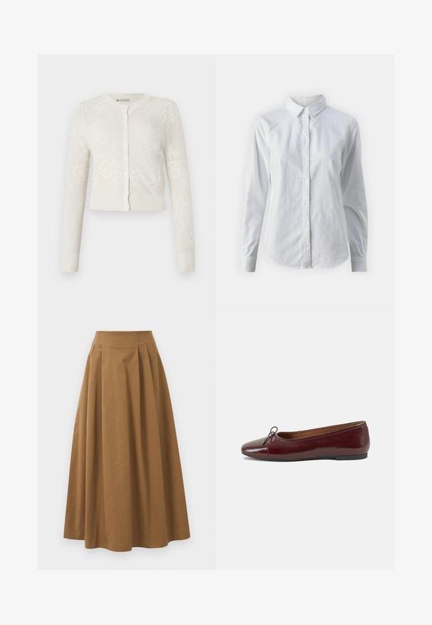 Cardigan blanc en tricot avec un col rond, des manches longues, une fermeture à boutons et une texture à motif floral. Ourlet court avec des bords côtelés.; Chemise blanche à manches longues en coton lisse, dotée d'un col classique et d'un ourlet arrondi. Les boutons sont petits et blancs.; Jupe A-line en coton brun avec taille haute, dotée de plis sur le devant et d'une texture lisse. Les finitions de l'ourlet sont nettes et simples.; Ballerines en cuir verni bordeaux avec un bout rond, un petit nœud décoratif à l'avant et une semelle en caoutchouc noire basse. Texture lisse.