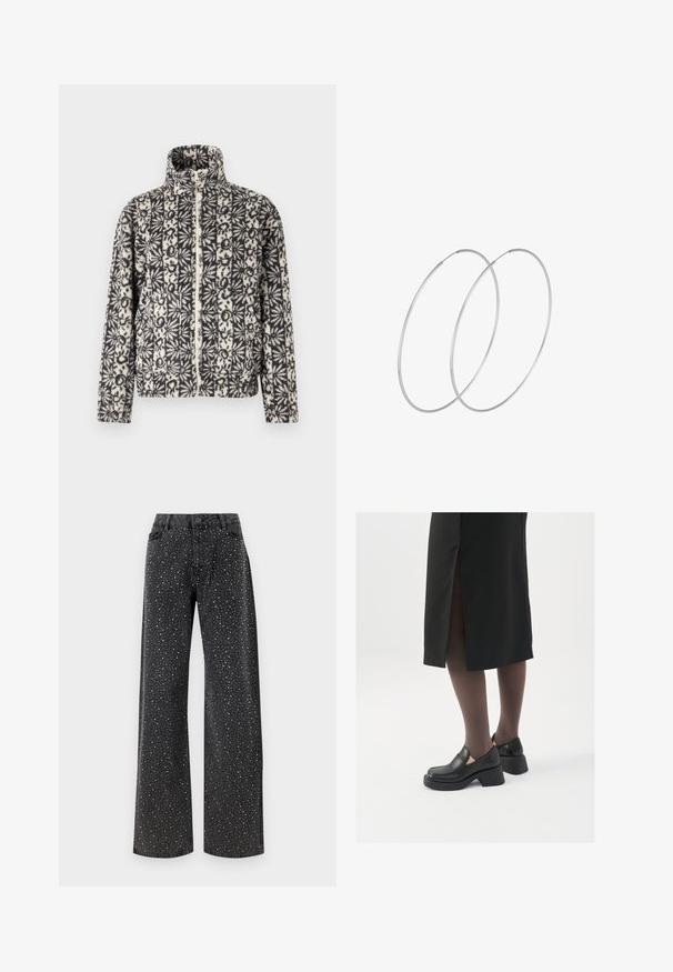 Luddig zip-up jacka i svart och vitt blommönster, med hög krage och långa ärmar. Mjuk textur, avslappnad design och sidofickor.; Svart bodysuit med långa ärmar, med en mesh V-ringning och skräddarsydd axeldetalj. Slät tyg med en kroppsnära passform.; Noisy May NMJANNEL LOOSE - Jeans relaxed fit - black denim; Svarta läderskor med rund tå, tjock klack utan häl och elastiska sidodetaljer, kombinerat med mörka strumpbyxor och en svart kjol med slits.; Silverfärgade hoopörhängen med en minimalistisk design. Cirkulär form, slät yta och tunn profil. Lätta med en polerad finish.