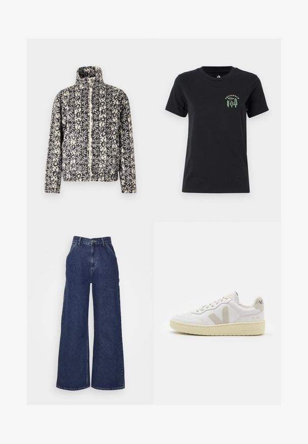 Giacca zip-up in peluche con motivo floreale in bianco e nero, caratterizzata da un alto colletto e maniche lunghe. Morbido al tatto, design casual e tasche laterali.; Converse FOREST ART TEE - T-shirt con stampa - black; Jeans in denim a gamba larga di colore blu scuro, con vita alta, tasche frontali e chiusura a zip con bottone metallico. Texture liscia e design classico.; Sneaker in pelle bianca con dettagli in suede beige, punta perforata, lacci piatti e suola testurizzata color crema. Presenta un logo discreto sul tallone.