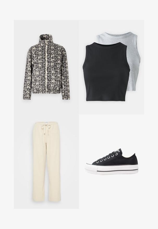 Ullig zip-jakke i svart og hvit blomsterdesign, med høy krage og lange ermer. Myk tekstur, avslappet design og sidelommer.; Even&Odd Petite 2 PACK - Topper - light grey/black; Even&Odd Petite Bukse - beige; Svart canvas sneakers med hvit gummisåle, rund tå, lavt design, metalløye og teksturert tåhette. Tynn svart stripe langs sålen.