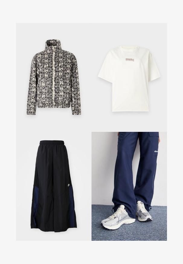 Zimska jakna s patentnim zatvaračem u crno-bijelom cvjetnom uzorku, s visokim ovratnikom i dugim rukavima. Mekana tekstura, ležeran dizajn i bočne džepove.; Bijela majica s kratkim rukavima, okruglog izreza, s malim crvenim i smeškim logotipom na sredini sprijeda. Izrađena od pamučnog materijala.; Crne hlače širokih nogavica izrađene od lagane tkanine, sa tamnoplavim bočnim panelom i elastičnom stražnjom trakom. Mali bijeli logo je na dnu.; Nike atletske tenisice sa srebrnom mrežom, bijelim naglascima i strukturiranim potplatima, u kombinaciji s širokim tamnoplavim hlačama.