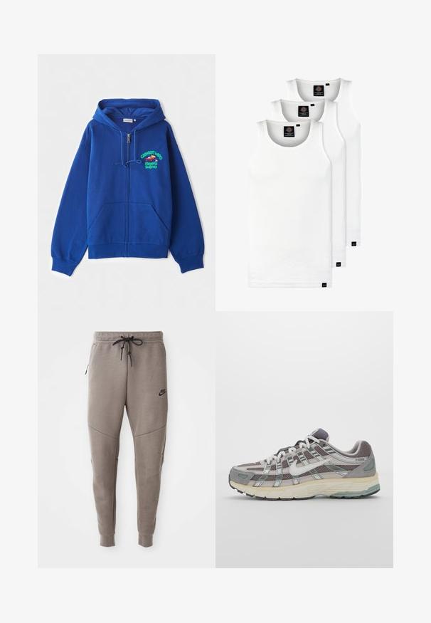 Blå glidelås hettegenser laget av mykt stoff. Har justerbar hette med snøring og frontlommer. Inkluderer fargerik grafisk tekst på venstre bryst.; Tre hvite ribbestrikkede tank topper laget av bomull. Har en rund hals og små svarte etiketter nær kanten. Tilgjengelig i flere størrelser.; Grå Nike joggebukser med snor i midjen, smale ben, sidelommer og distinkte sømdetaljer. Myk, teksturert stoff.; Grå treningssko med overdel i nett og semsket skinn, hvite detaljer, en polstret såle, og et særpreget design med reflekterende elementer.