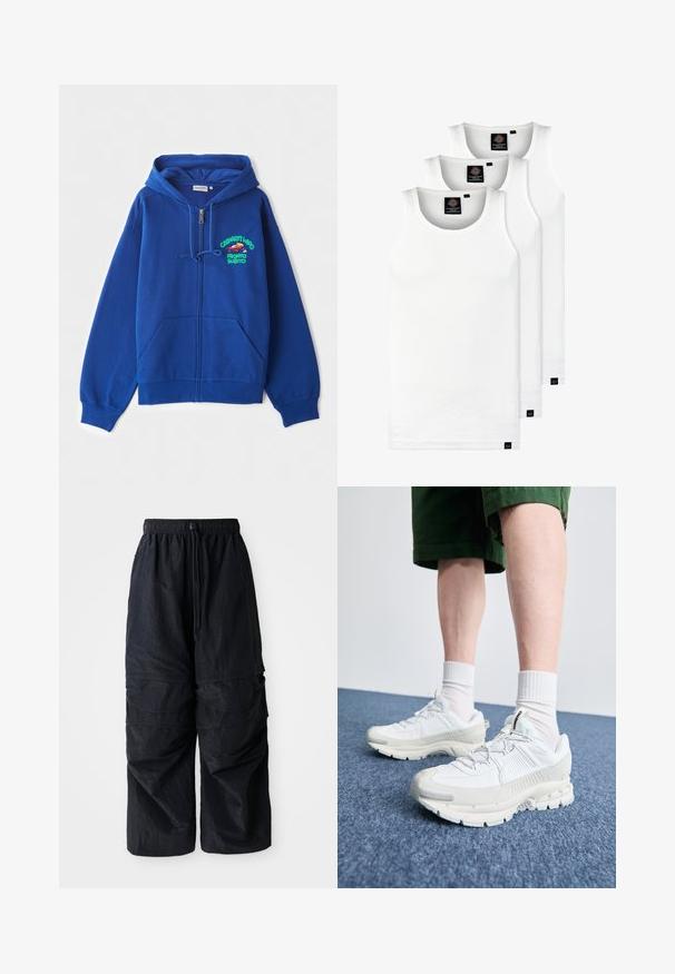 Casaco de capuz azul com fecho éclair, feito de um tecido macio. Apresenta um capuz com cordão e bolsos frontais. Inclui um texto gráfico colorido no lado esquerdo do peito.; Três tops em algodão de alças brancas com nervuras. Apresentam um decote redondo e pequenas etiquetas pretas perto da bainha. Disponíveis em vários tamanhos.; Calças de cargo leves em nylon preto, com cintura elástica, cordão ajustável e múltiplos bolsos em camadas nas pernas.; Sapatos atléticos brancos com sobreposições texturizadas, sola espessa e detalhes em cinza. Usados com meias brancas até ao tornozelo e calções verdes sobre uma superfície azul.